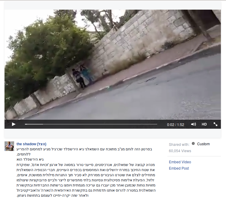 The post on The Shadow's Facebook page featuring a video, filmed by a border guard, of anti-occupation activists monitoring one of the checkpoints in A-Tur. The author is the figure on the right in the above screenshot.